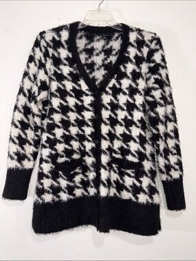 Isaac Mizrahi Live Houndstooth Fuzzy Cardigan Women’s Large Black White